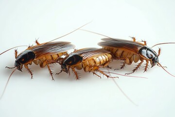 Close-up of three brown cockroaches with visible legs, antennae, and wings on a white background showing detailed textures and reflections