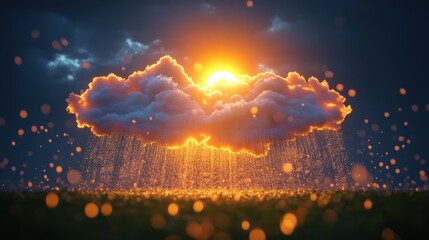 Glowing cloud illuminated by a bright sun, softly raining golden droplets onto a dark ground under a twilight sky, creating a magical and serene atmosphere