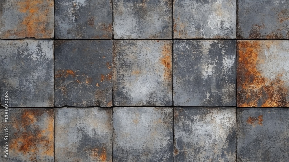 Poster close-up view of a weathered wall featuring a mix of gray and rust-colored metal panels. showcasing 