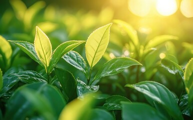 Obraz premium Close-up of fresh green tea leaves glowing in warm sunlight with a soft focused background