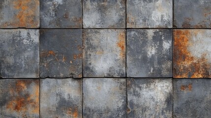 Fototapeta premium Close-up view of a weathered wall featuring a mix of gray and rust-colored metal panels. showcasing textures and patterns ideal for industrial design or background use
