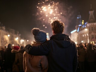Evening celebration with fireworks and crowd of people.