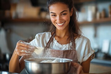 Smiling woman wearing apron sprinkling flour into a large metal mixing bowl in a cozy kitchen