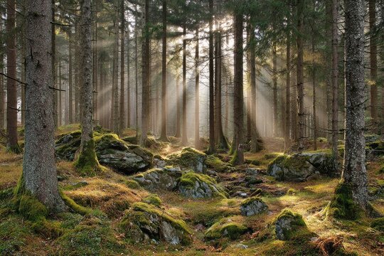 Sunlight streams through a misty forest (4)