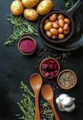 Fresh yellow potatoes and baby potatoes in cast iron skillet with sliced and diced red beets, garlic bulb, wooden spoons, herbs, and peppercorns on dark background