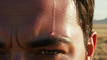 Extreme close-up of a man's sweaty face, brow furrowed and sweat dripping