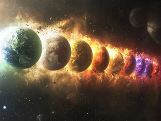 Colorful celestial bodies in a sequence of fiery transformations.
