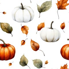 White and Orange Pumpkins with Autumn Leaves Pattern on White Background Suitable for Seasonal Decor and Crafts