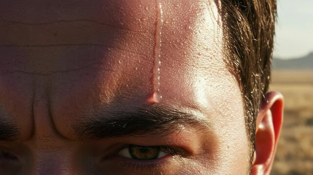 Extreme close-up of a man's sweaty face, brow furrowed and sweat dripping