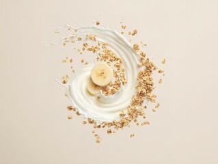 Milk, granola, and banana slices arranged in a swirl.