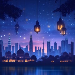 Night cityscape with lanterns and mosques