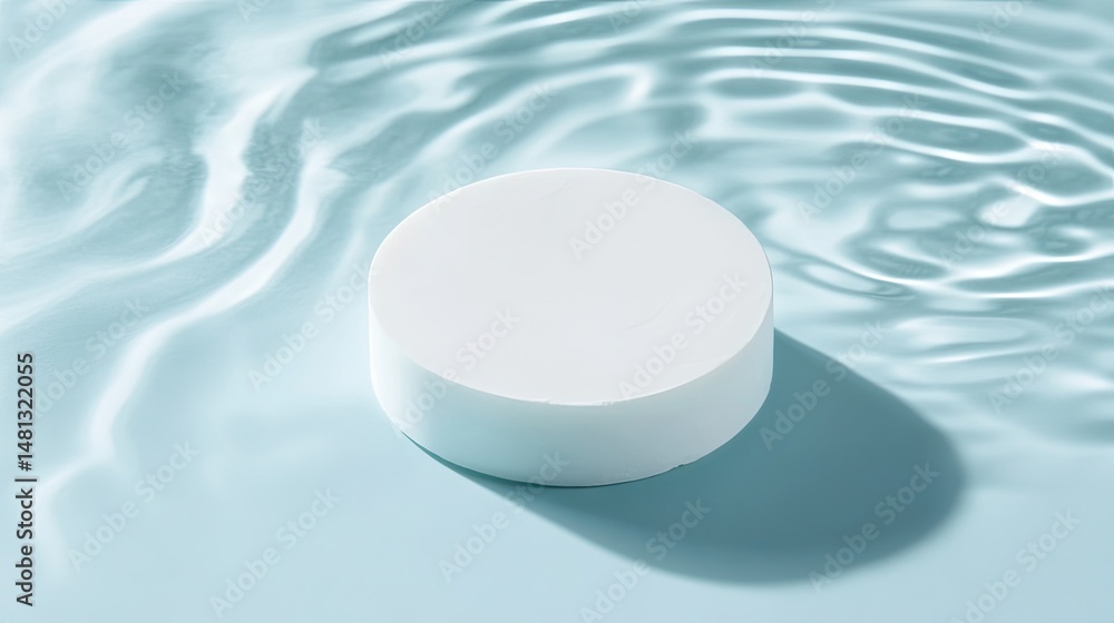 Poster a serene composition featuring a circular bar of soap resting on a soft blue surface. illuminated by