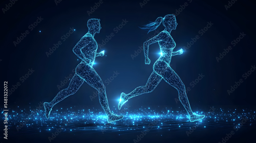 Leinwandbilder dynamic wireframe figures of a man and woman running. polygonal mesh outlines against a dark blue ba