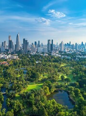 Obraz premium A panoramic view of a vibrant city skyline featuring modern skyscrapers against a bright blue sky. with lush green parks in the foreground and distant mountains