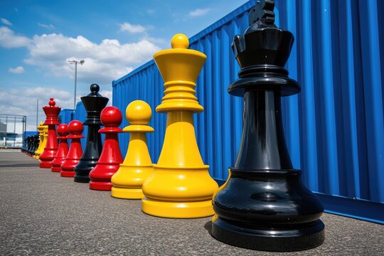 A vibrant outdoor scene featuring oversized chess pieces in black. red. and yellow. set against a blue corrugated backdrop under a cloudy sky. ideal for game-themed visuals