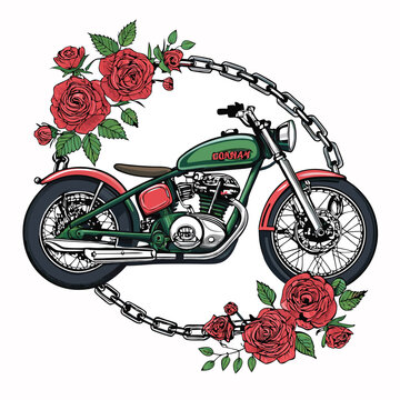 A custom-built bobber motorcycle, meticulously detailed, rests amidst a vibrant profusion of pink and red roses, showcasing its sleek design and powerful engine.