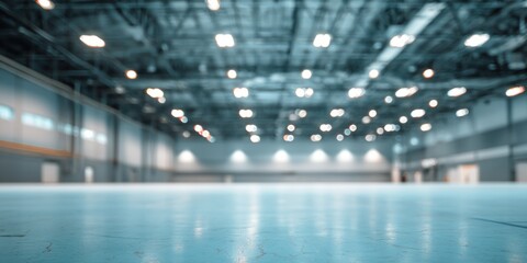 Fototapeta premium A large empty warehouse with a shiny floor and many lights on the ceiling in perspective