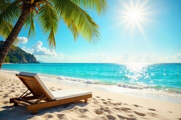 Relaxing sunny day at the beach Golden sand, blue ocean, bright sun , holiday, sunshine, shells