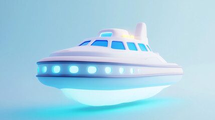 Futuristic Blue and White Hovercraft with Elegant Lighting Design, captured on a gradient blue background evoking advanced technology and innovation.