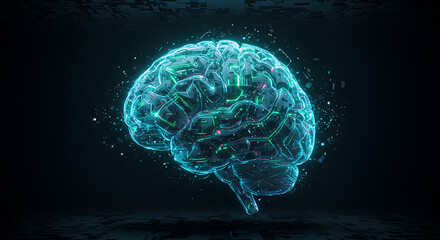 Obraz premium Glowing Cyan Digital Brain with Circuitry Detail