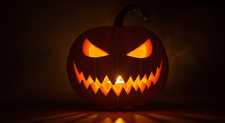 Fototapeta premium Glowing Jack OLantern with Spooky Carved Face in Dim Lighting