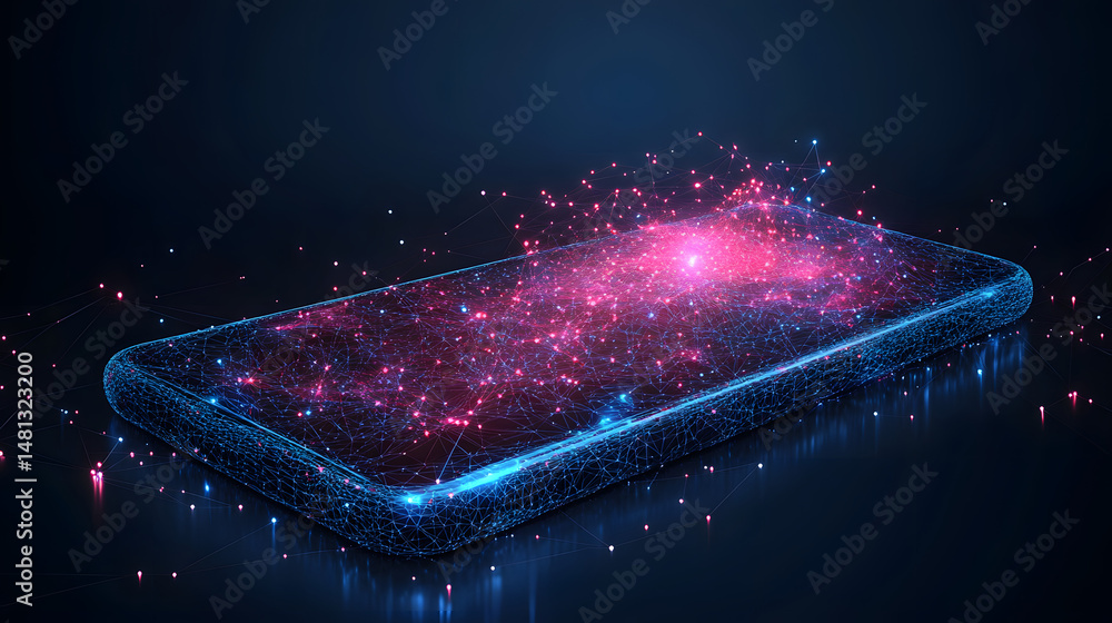 Fototapete Dynamic smartphone illustration featuring a glowing wireframe and vibrant internal data flow. Ideal for tech, innovation, and communication concepts. Abstract wireframe in dark blue.