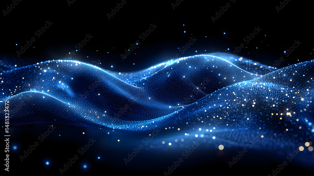 Poster dynamic abstract visualization featuring a wave of tightly packed blue particles against a dark back