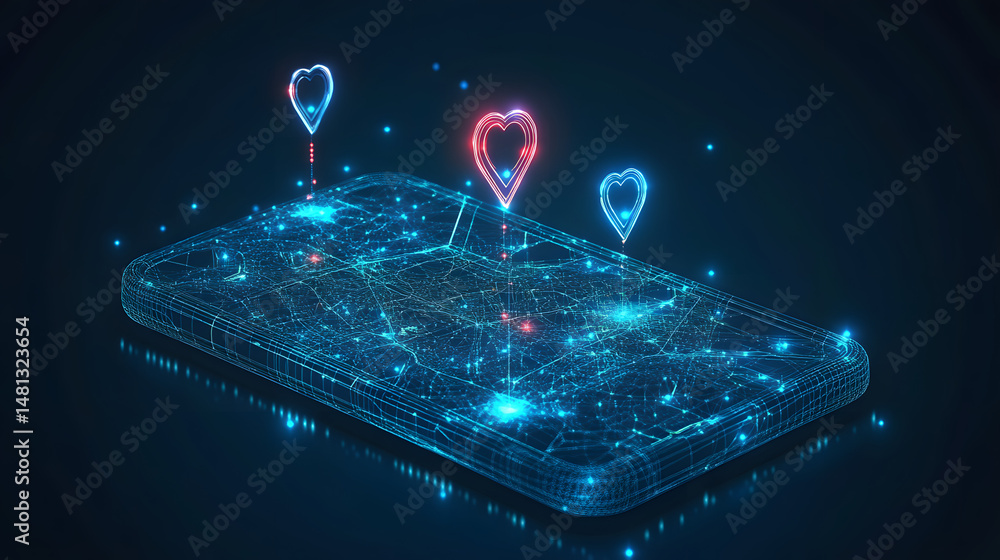 Fototapete Futuristic smartphone with wireframe design displays a glowing network, symbolizing digital connection. Above, stylized hearts (red and blue) add a touch of emotion. Abstract wireframe in dark blue.