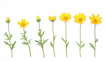 Yellow Flower Growth Stages On White Backgrounds