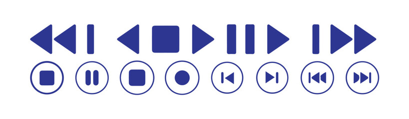 Media player icon set. Video and audio collection. Multimedia symbol.Play, stop, pause and rewind elements on white background. Video and audio buttons. Website icons. Vector illustration eps 10.