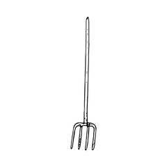 A detailed black-and-white pitchfork drawing, representing traditional farm tools, ideal for rural and agricultural artwork with a vintage style