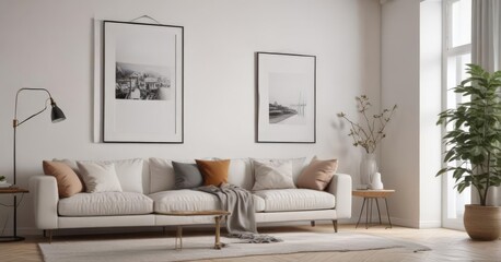 Cozy home interior, poster mockup on clips, white wall,  image,  wall,  simple