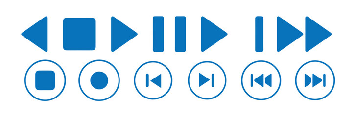 Set of play buttons icons. Play button. Video audio player.Play, pause, stop, record, forward, rewind. Vector illustration eps 10.