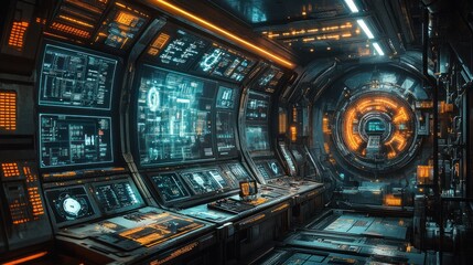 Obraz premium Futuristic Spaceship Bridge: A Cyberpunk Sci-Fi Control Room