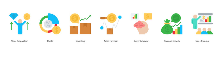 Sales Growth banner web icon sheet vector illustration concept with icon of value proposition, quota, upselling, sales forecast, buyer behavior, revenue growth, sales training