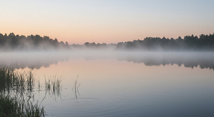 Obraz premium Serene lakeside sunrise with mist over water and reflections creating a tranquil scene.