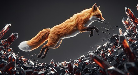 Fox jumping over crystals digital art wallpaper orange animal wild nature illustration artwork design