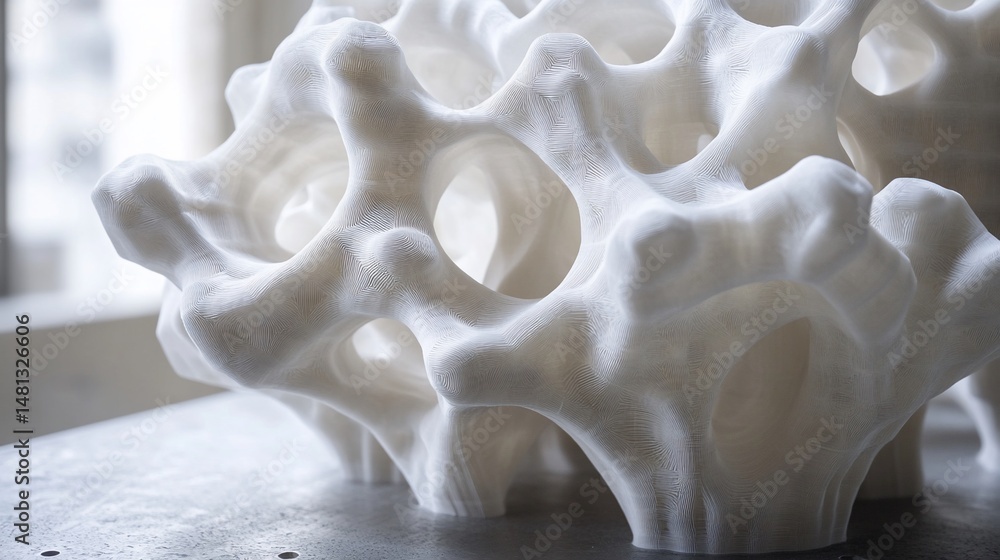 Poster a close-up view of a complex white 3d printed object with organic shapes