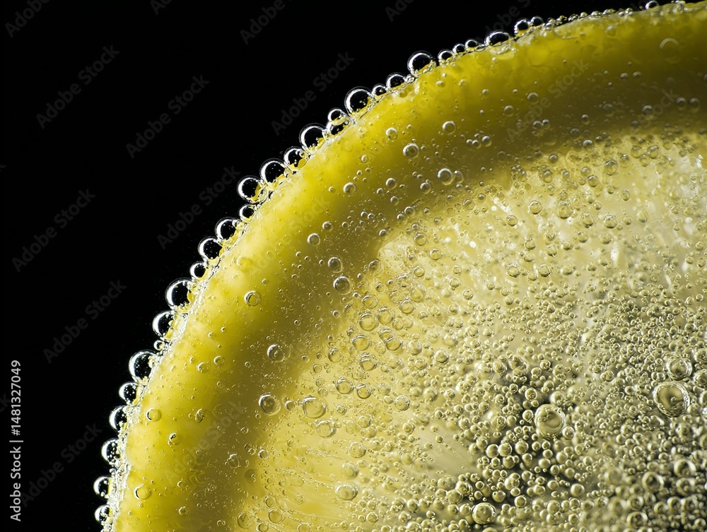 Poster close-up view of a lemon slice submerged in bubbles.