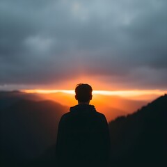 Back view of a person looking at the sunrise on a mountain