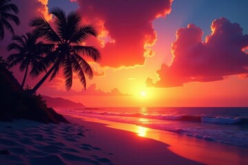 Silhouetted palms against breathtaking sunset panorama Sandy beach at foreground , daybreak, palm tree