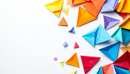 Colorful paper triangles scattered creatively, showcasing a vibrant origami art style against a clean background