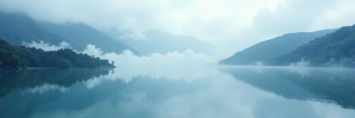 Thick fog blankets glassy lake, distant hills obscured , lake, dark, peaceful