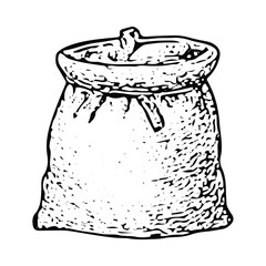 A detailed black-and-white grain sack drawing, representing farm storage and harvest, ideal for rural and agricultural illustrations with a vintage style