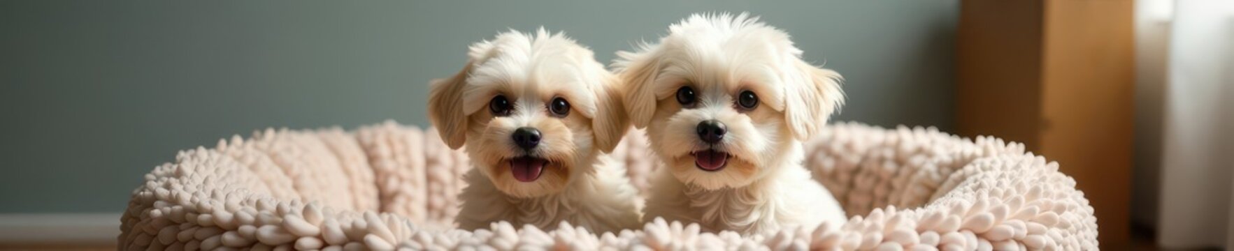 Two fluffy bichons, trendy haircuts, comfy pet bed, pets, white dogs, furry