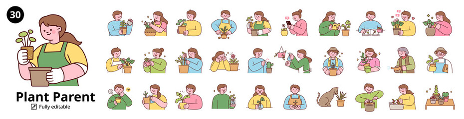 Cute flat illustration bundle of plant lovers taking care of houseplants. Perfect for plant parents, gardening content, or eco-friendly designs