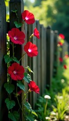Vibrant red morning glories climbing a rustic fence , red flowers, macro