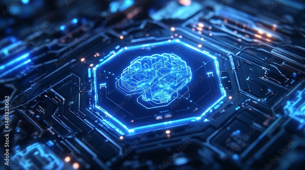Poster abstract technology image depicting a glowing brain on a circuit board with lights