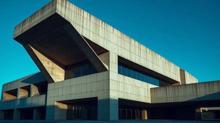A futuristic brutalist art institute built in the 1980s, featuring massive cantilevered concrete blocks and angular overhangs. generative ai