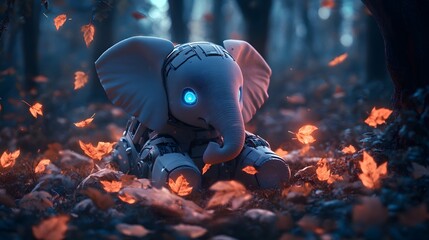 Cute robotic elephant in the forest with falling leaves digital art ai generated image for wallpaper design